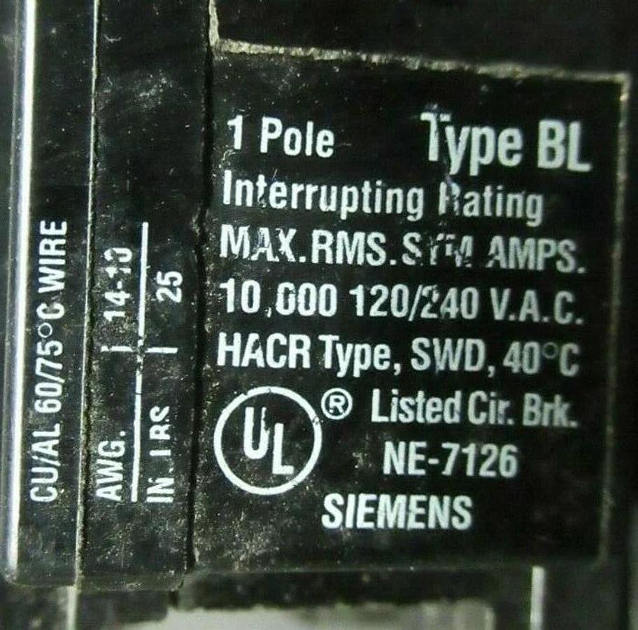 Used 20 AMP SIEMENS B120 1 POLE BREAKER 240 VAC TYPE: BL
