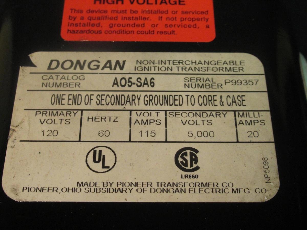 Used 115 VA DONGAN IGNITION TRANSFORMER NON-INTERCHANGEABLE 120 V PRI 5,000 V SEC A05