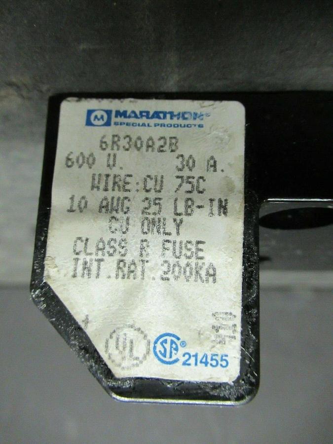 Used MARATHON FUSE HOLDER 6R30A2B FOR 30 AMP 600 V CLASS R FUSES **WARRANTY**