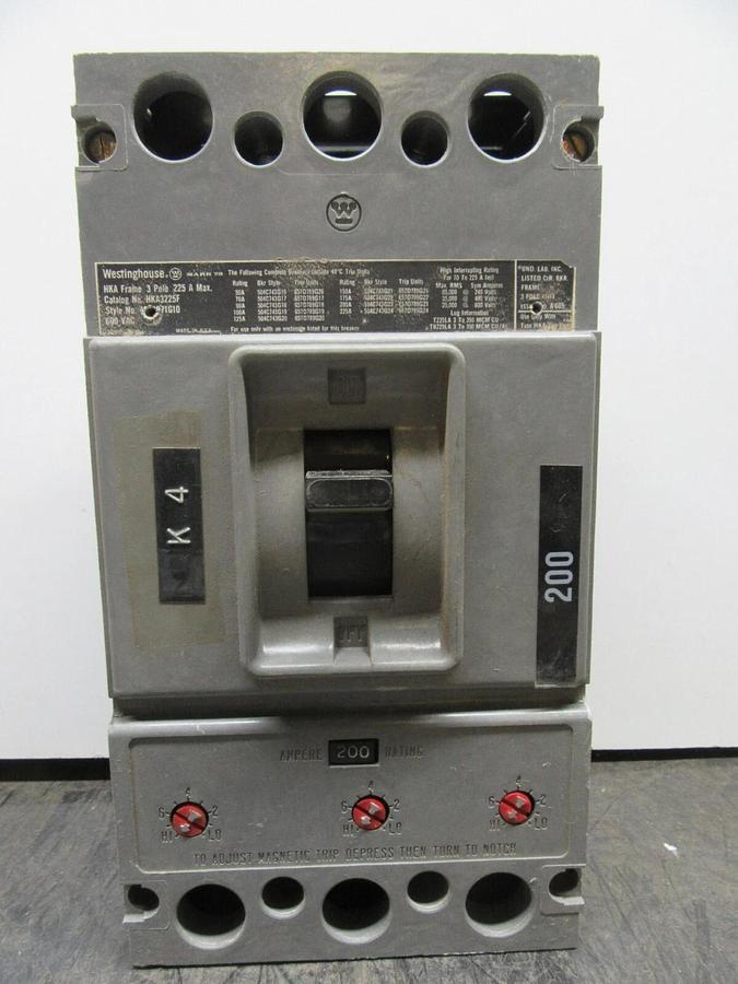 Used WESTINGHOUSE CIRCUIT BREAKER HKA3225F 3-POLE 225 AMP FRAME 200 AMP TRIP 600 VAC