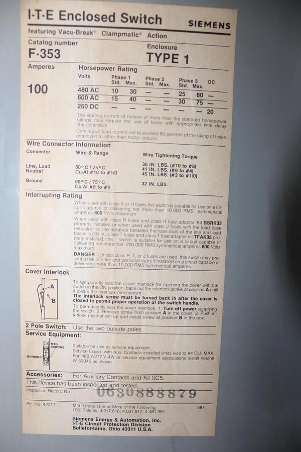 Used ITE ENCLOSED DISCONNECT SWITCH F353 100 AMP 600 VAC TYPE 1 ENCLOSURE HEAVY DUTY