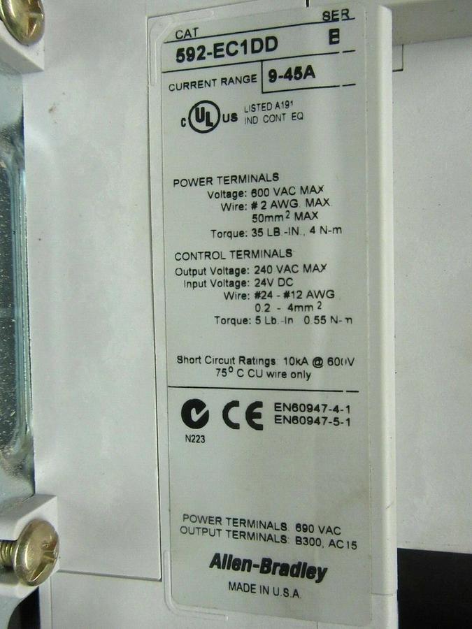 Used ALLEN BRADLEY STARTER 509-DOD-EC1D SER. A NEMA: 3 50 HP 600 VAC W/ 592-EC1DD
