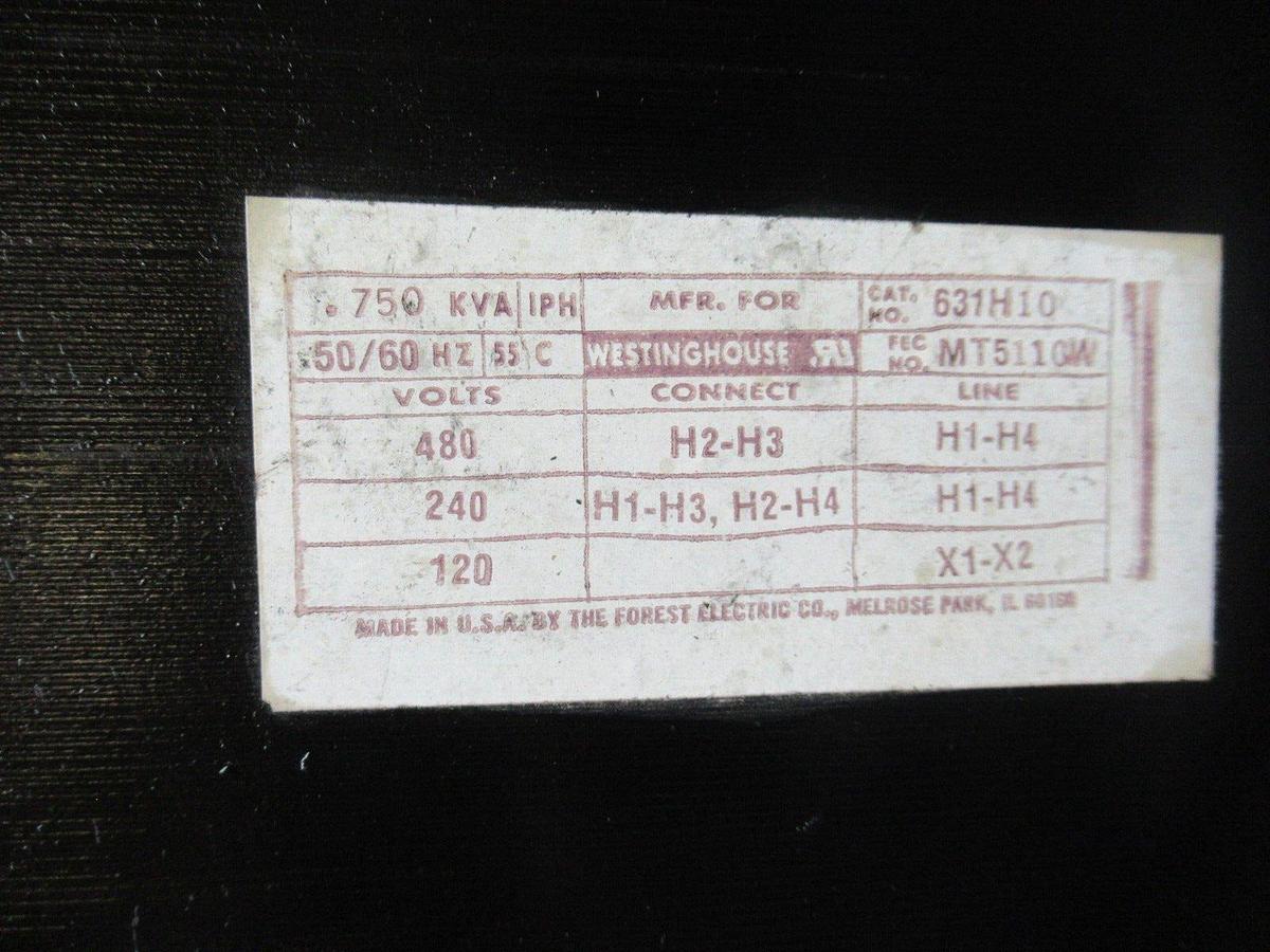 Used WESTINGHOUSE TRANSFORMER 631H10 480 VOLT CONNECT 120 VAC LINE 0.75 KVA MT5110W