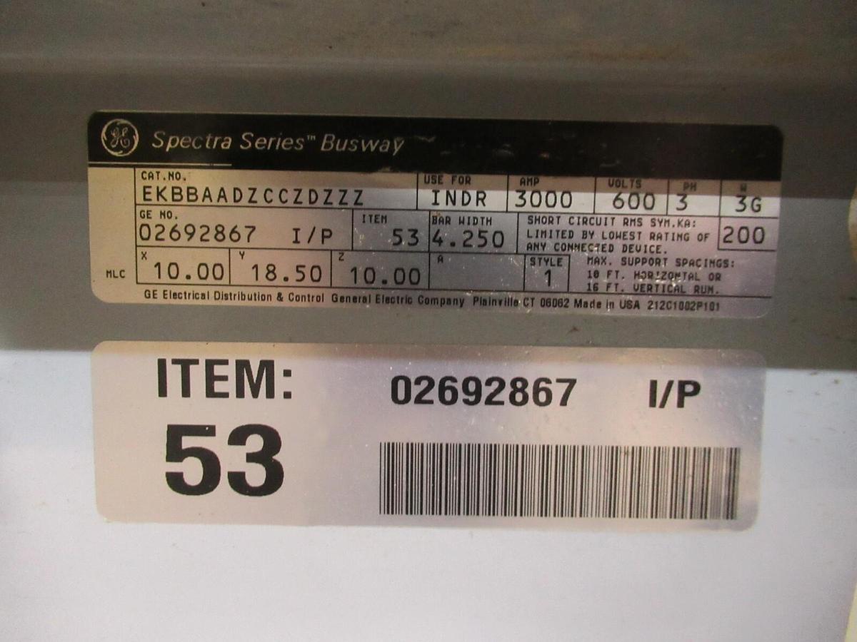 Used 3000 AMP GE SPECTRA SERIES EDGEWISE BUSWAY OFFSET 0292867 600 V 3 PH 3 W W/ G