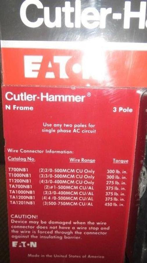 Used CUTLER HAMMER NS-Y BREAKER RED LABEL 1200 AMP MAX 600 VAC 3 POLE MODEL NS36120YA
