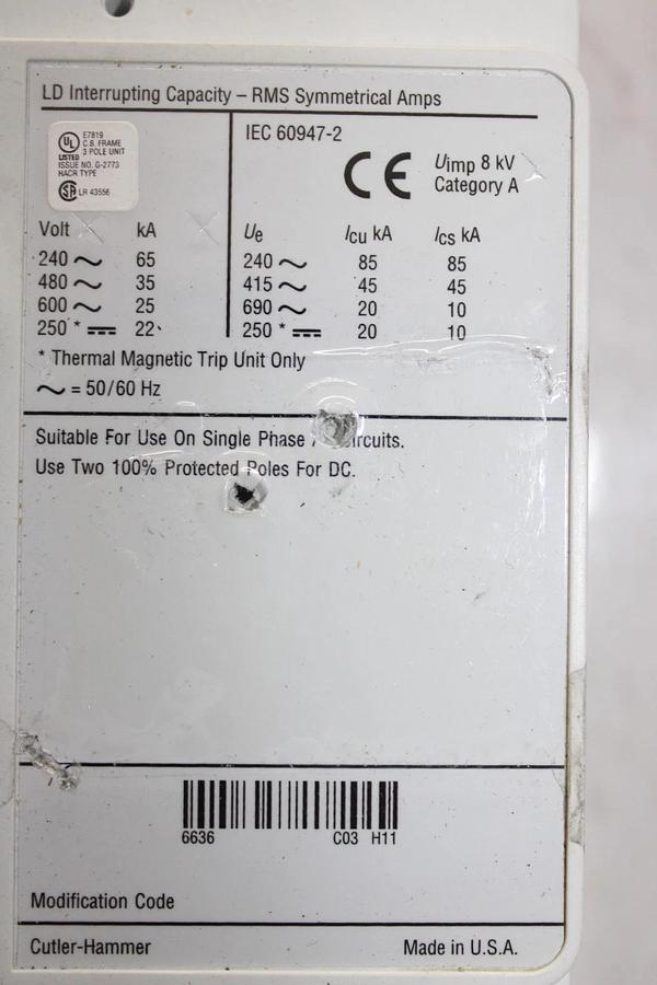 Used CUTLER-HAMMER CIRCUIT BREAKER LD3600F 600 AMP 3-POLE 600 VAC *WARRANTY*