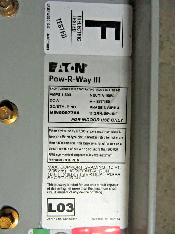 Used 1600 AMP CUTLER HAMMER POW-R-WAY III BUSWAY BUSDUCT 44 INCH STRAIGHT 480 277 4W