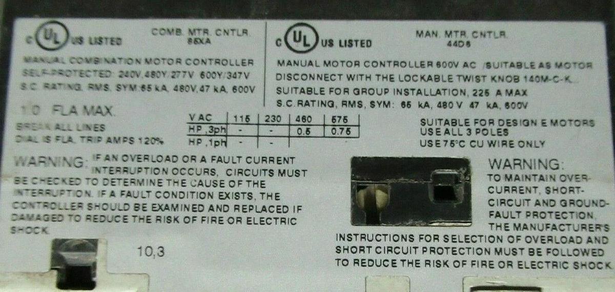 Used ALLEN BRADLEY MANUAL MOTOR START 140M-C2E-B10 SER. A 1 AMP 600 VAC 0.75 HP