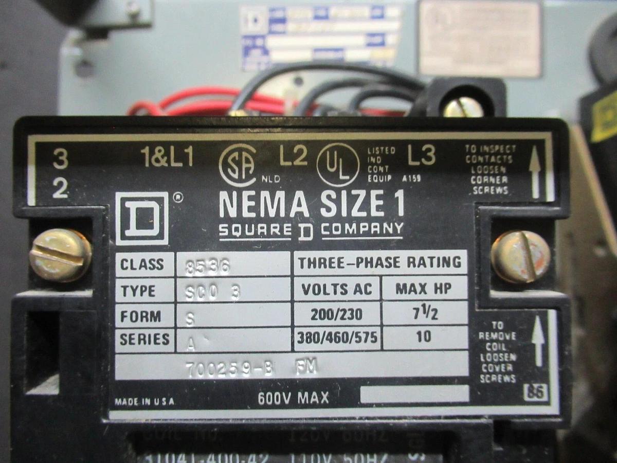 Used SQUARE D MCC MOTOR CONTROL STARTER 12" MODEL 4 W/ NEMA SIZE 1 8536SCO3 10 HP