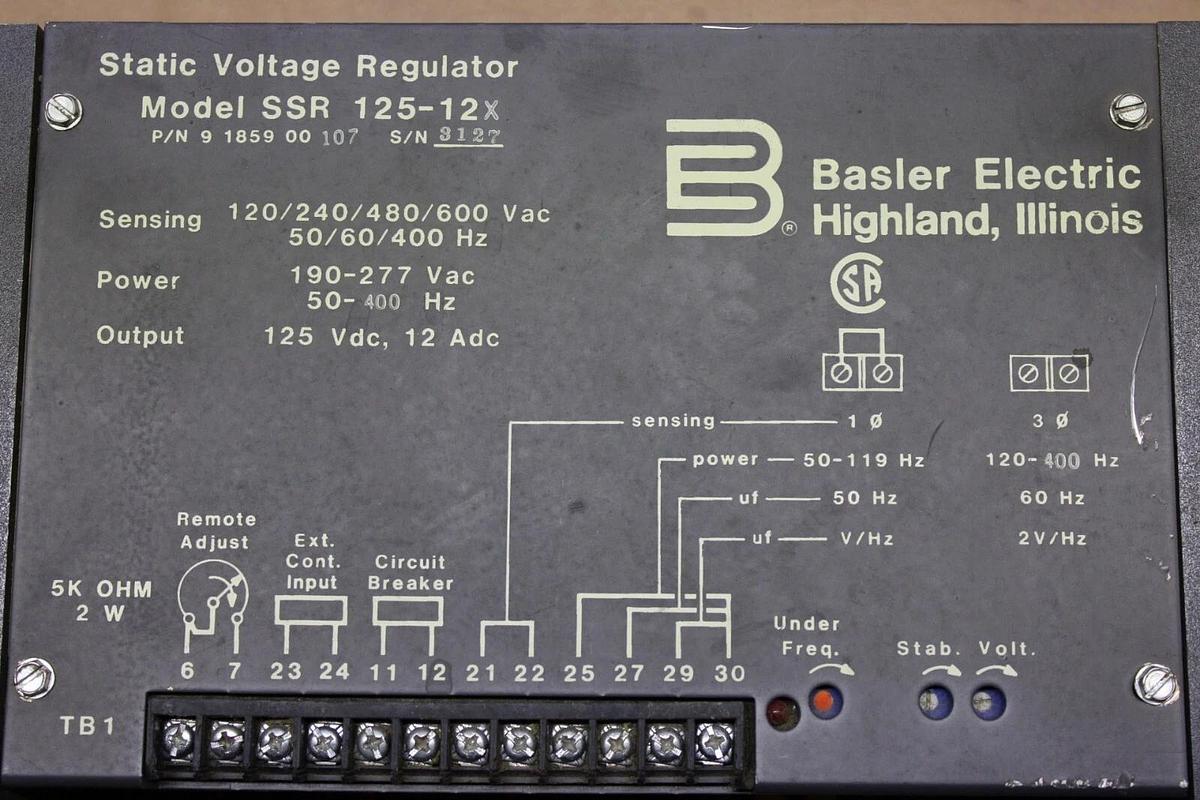 Used BASLER STATIC VOLTAGE REGULATOR SSR 125-12X 9-1859-00-107 600 VAC 400 HZ