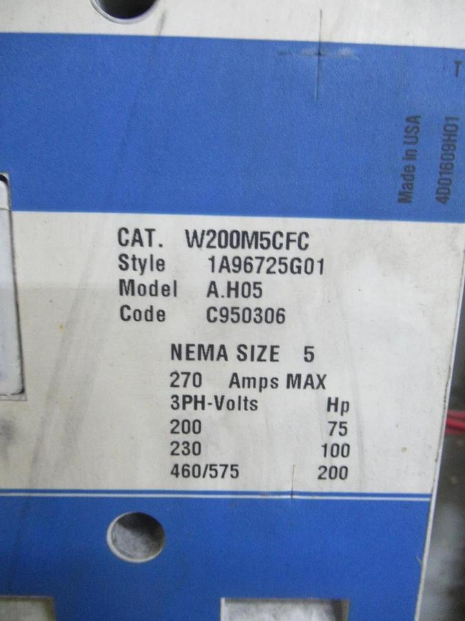 Used CUTLER HAMMER MOTOR STARTER CONTROL 35" W/ W200M5CFC NEMA SIZE 5 250 AMP 600 VAC