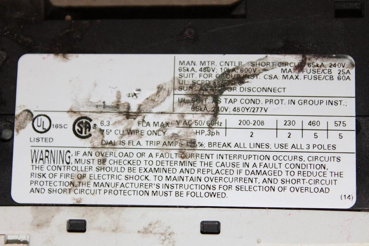 Used SIEMENS MANUAL MOTOR STARTER 3RV1011-1GA10 600 VAC 6.3 AMP 5HP **WARRANTY**