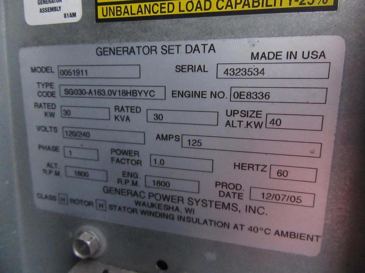 Used 30 KW GENERATOR GENERAC NATURAL GAS LP PROPANE 120/240V 1 PH SG030 66 HRS VIDEO
