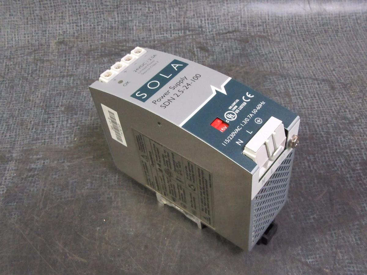 Used SOLA POWER SUPPLY 115/230 VAC IN 24 VDC 2.5 AMP  MODEL: SDN2.5-24-100