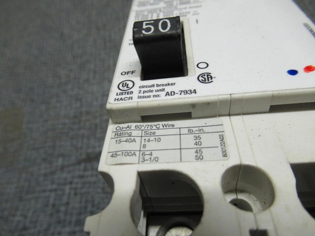 Used SIEMENS CIRCUIT BREAKER CQD250 50 AMP 2-POLE 277 VAC