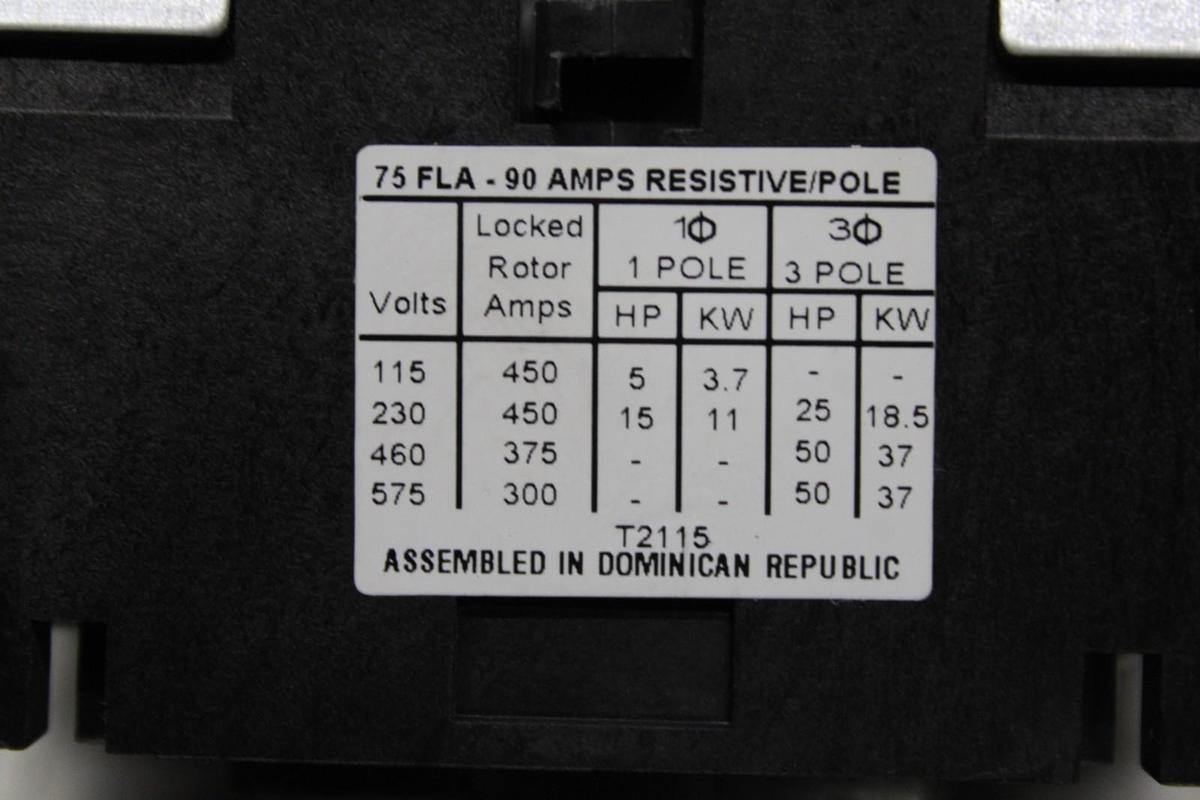 Used EATON DEFINITE PURPOSE CONTACTOR C25FNF375 75 AMP 600 VOLT 50 HP 3-POLE 3-PHASE