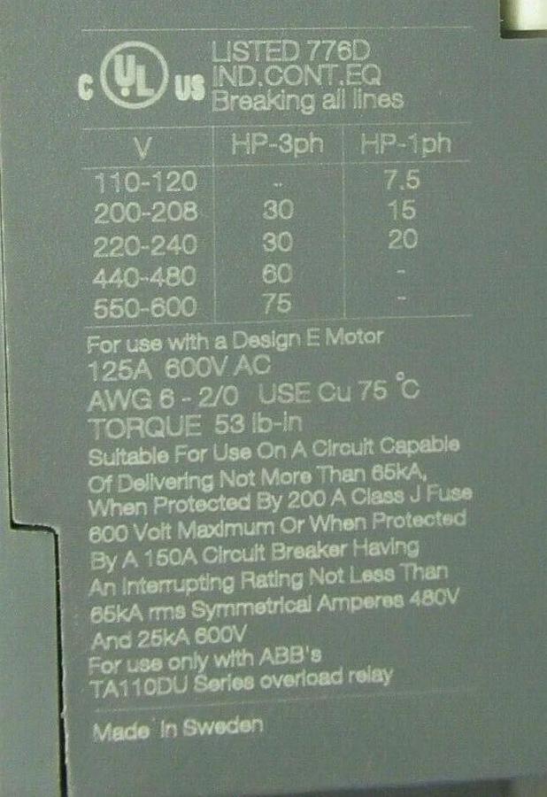 Used (1) YORK CONTACTOR # 024-31109-000 # A95-30 -- 125 AMP 600V 3 PH 110-120V COIL