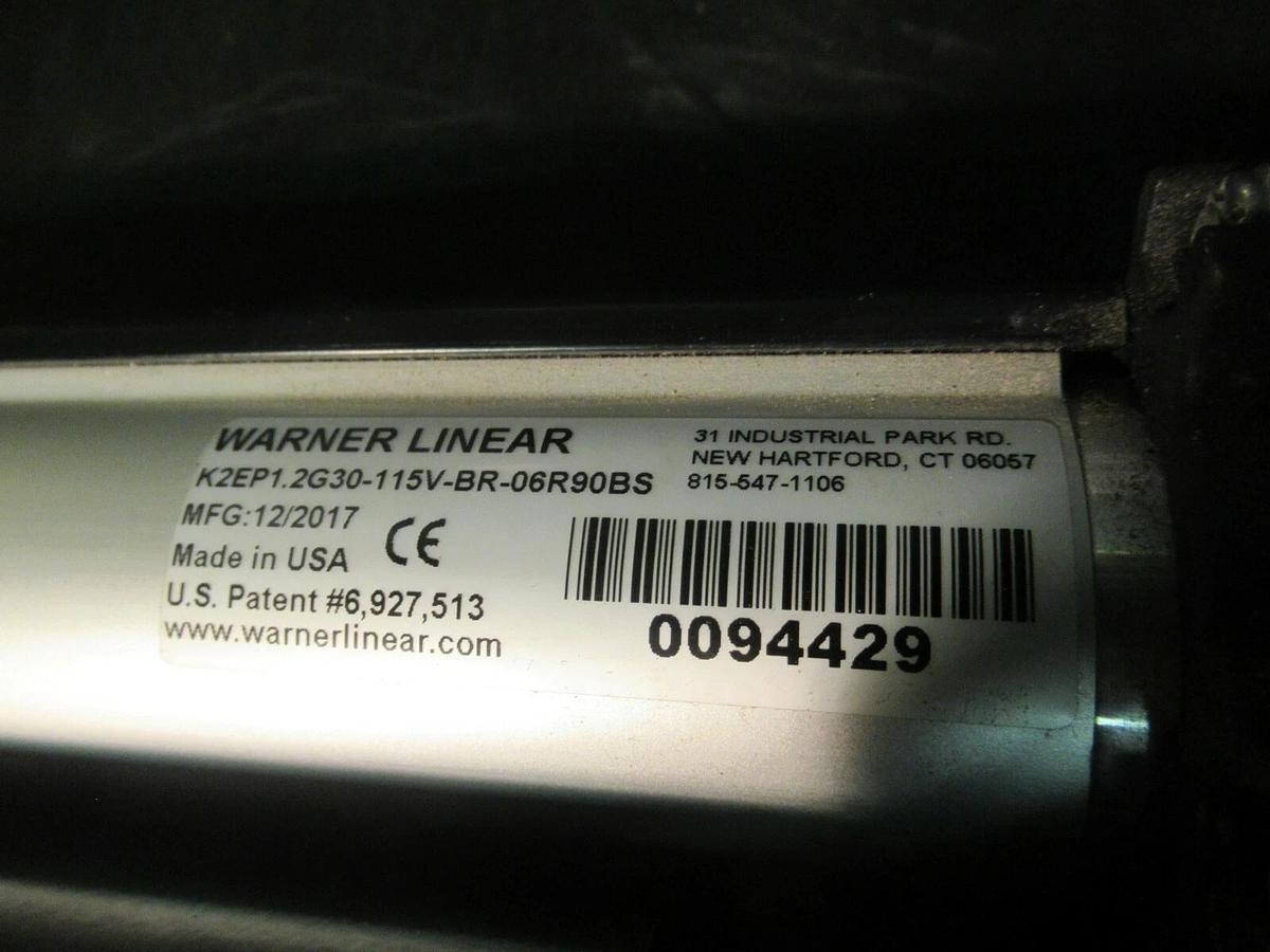 Used WARNER LINEAR B-TRACK SCREW ACTUATOR K2EP1.2G30-115V-BR-06R90 027-0188-115V-7