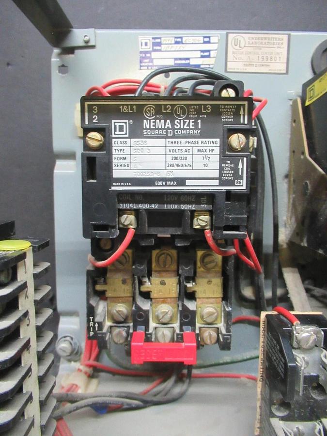 Used SQUARE D MCC MOTOR CONTROL STARTER 12" MODEL 4 W/ NEMA SIZE 1 8536SCO3 10 HP