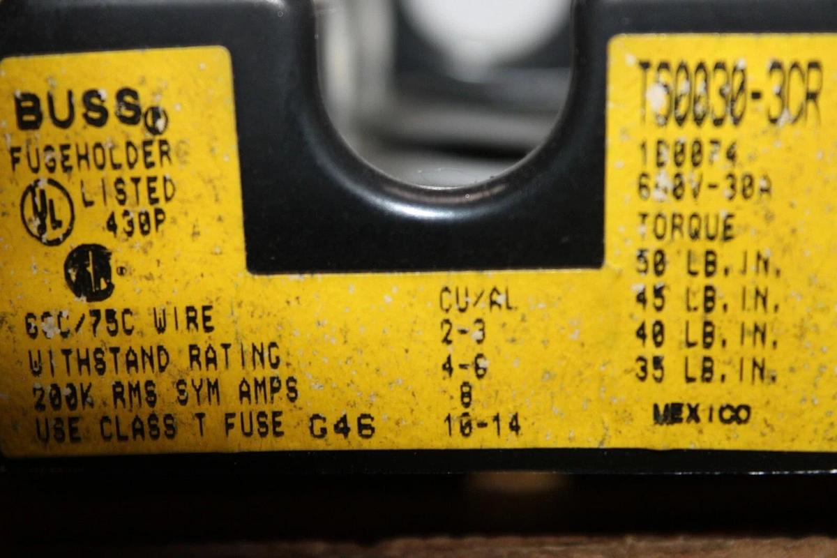 Used BUSS FUSE BLOCK HOLDER T60030-3CR 600 VAC 30 AMP 3-POLE **WARRANTY**
