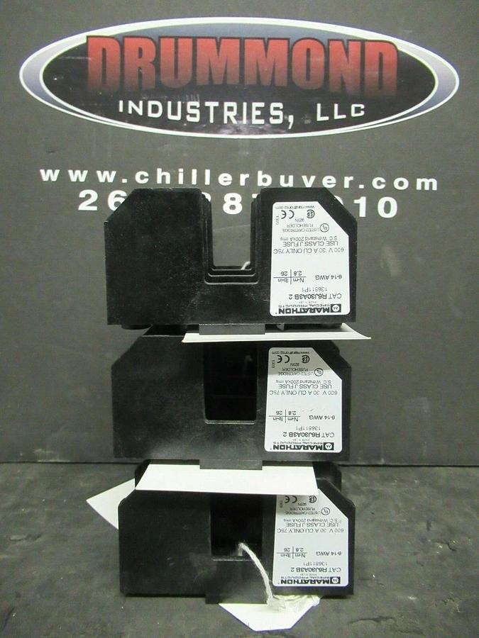 Used LOT OF 3 MARATHON FUSE HOLDER R6J30A3B-2 FOR 30 AMP 600 V CLASS J FUSES