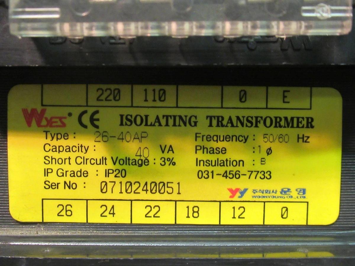Used 0.04 KVA (40 VA) WYES ISOLATING CONTROL TRANSFORMER 220 - 120 V / 24 VAC 26-40AP