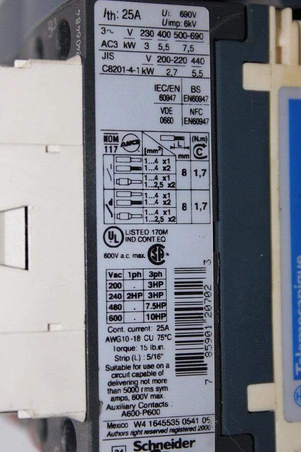 Used TELEMECANIQUE DELTA STARTER LC1D12 25 AMP 3-PHASE 600V 10HP W/ GV2ME14/6-10A