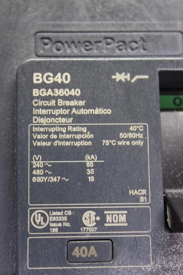 Used SQUARE D POWERPACT I-LINE CIRCUIT BREAKER BGA36030 30 AMP 600 VAC 3-POLE