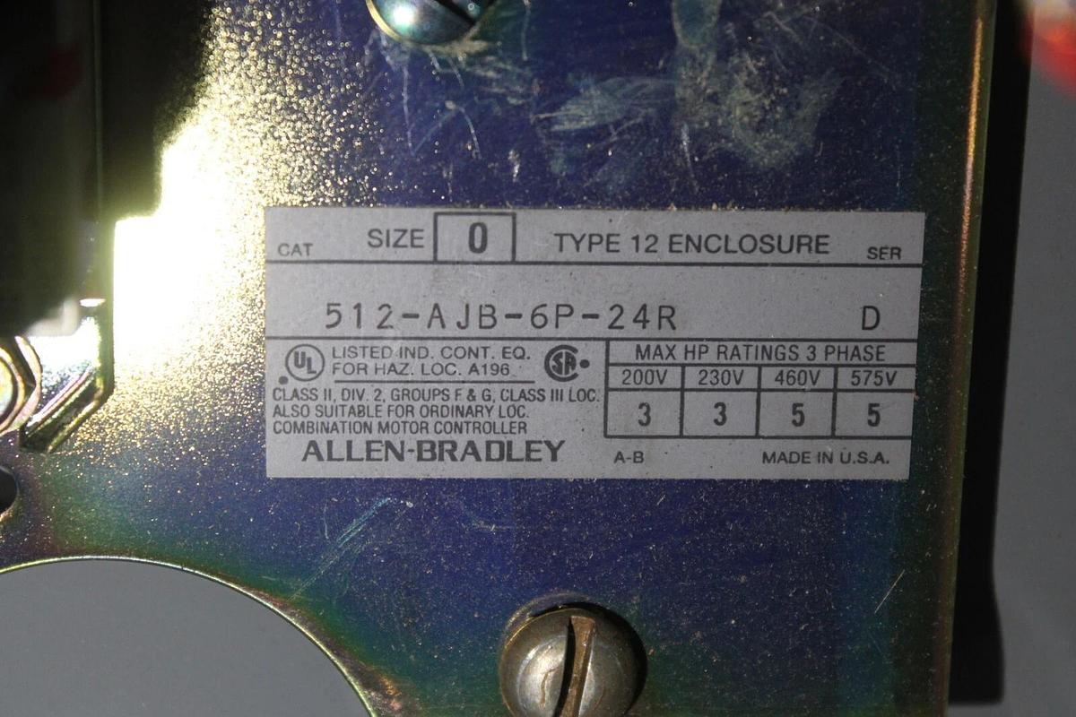 Used ALLEN BRADLEY COMBINATION STARTER 512-AJB-6P-24R TYPE 12 NEMA 0 600V 5 HP