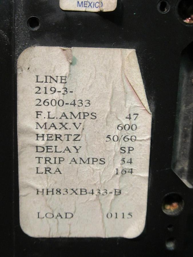 Used AIRPAX 3 POLE 47 AMP BREAKER 600 VAC 219-3-2600-433 54 TRIP AMPS HH83XB433-B