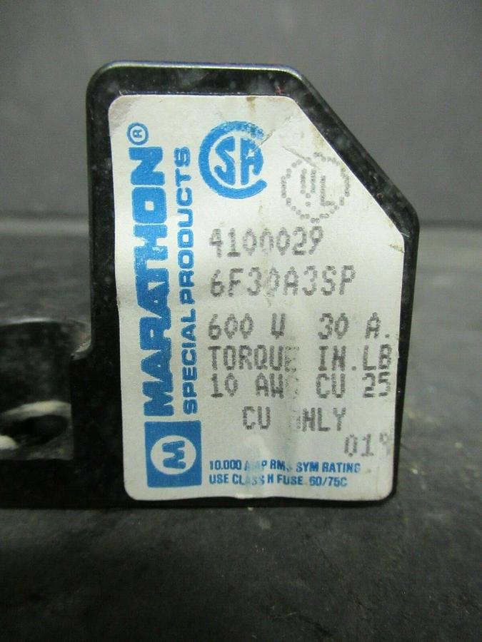 Used MARATHON FUSE HOLDER 6FS30A3SP FOR 30 AMP 600 V FUSES **WARRANTY**