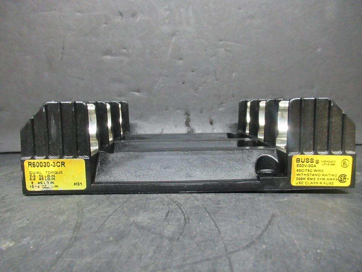 Used BUSS R60030-3CR THREE POLE FUSE BLOCK 30 AMP 600 VOLT CLASS R FUSE **WARRANTY**