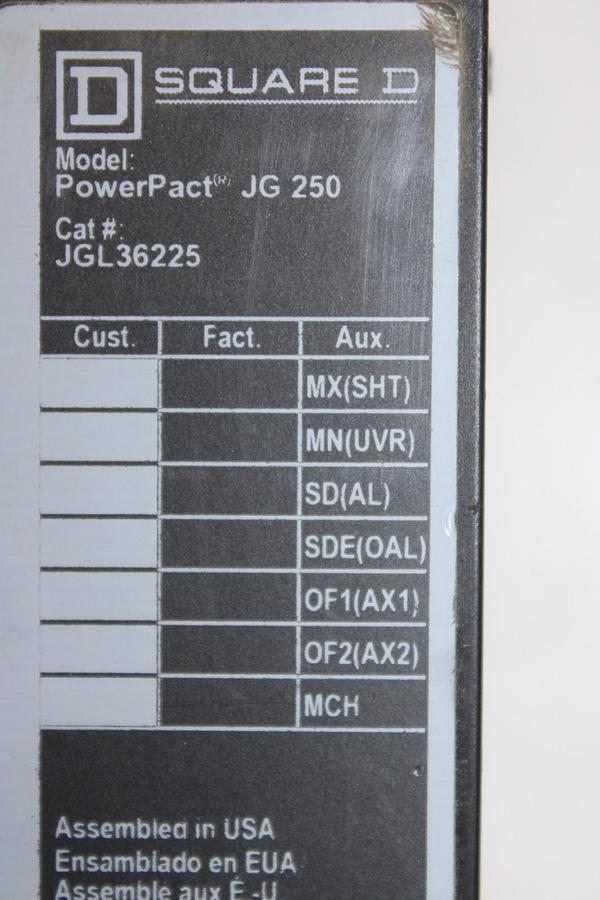 Used SQUARE D POWERPACT CIRCUIT BREAKER JGL36225 225 AMP 3-POLE 600 VAC