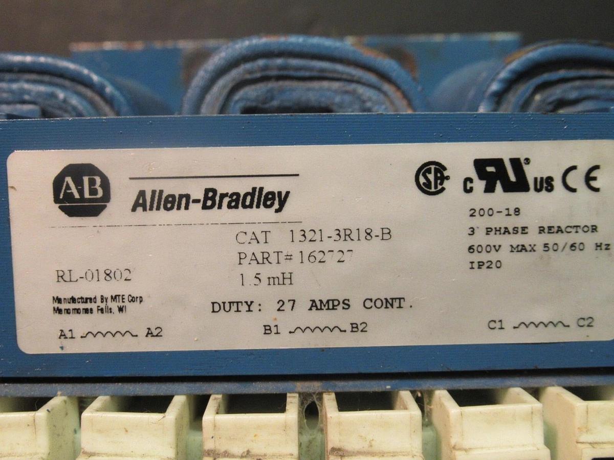 Used ALLEN BRADLEY 3 PH REACTOR CAT# 1321-3R18-B P/N: 162727 1.5 mH 27 AMP 600 V MAX