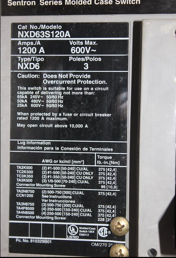 SIEMENS CIRCUIT BREAKER 3VA5340-5EC31 400 AMP 600 VAC 3-POLE
