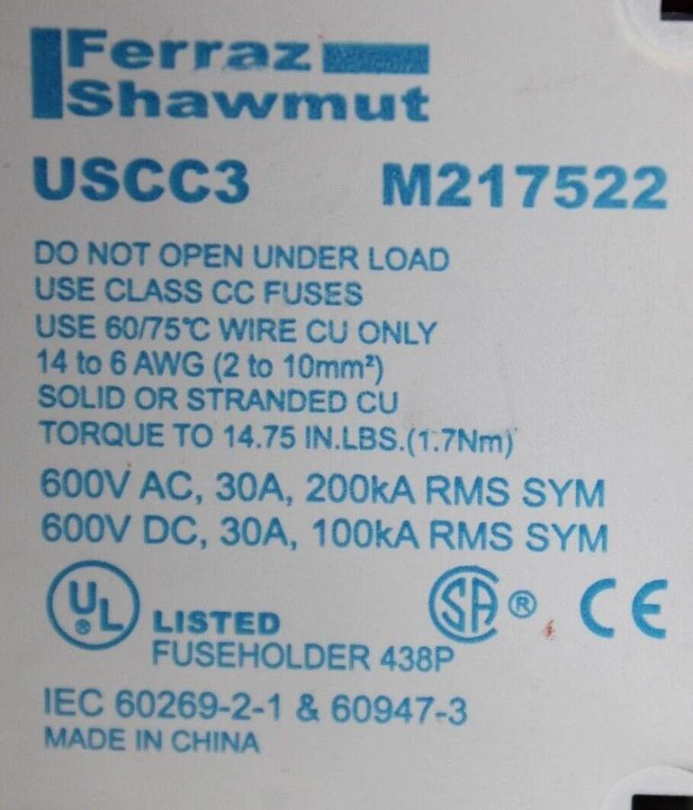 Used FERRAZ SHAWMUT ULTRASAFE FUSE HOLDER USCC3 M217522 3-POLE 600 VOLT 30 AMP