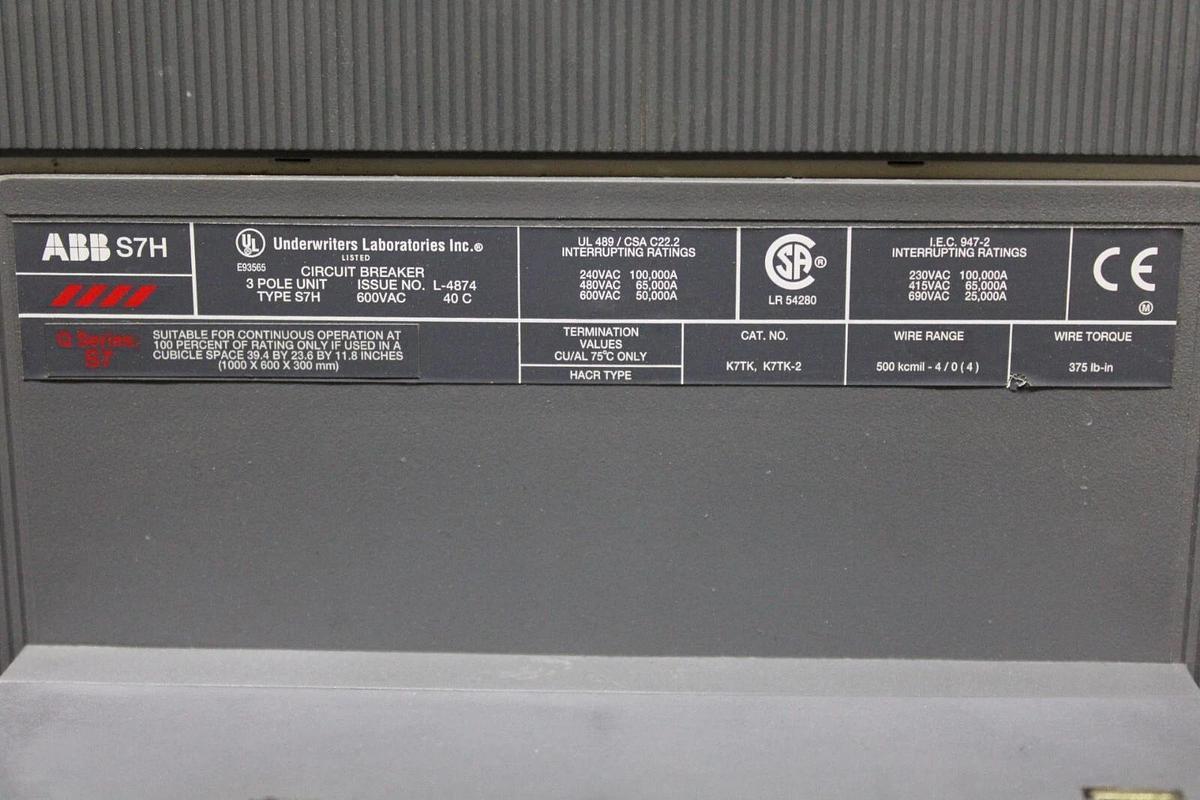 Used ABB CIRCUIT BREAKER SACE S7H 1200 AMP 600 VOLT 3-POLE SACE S7