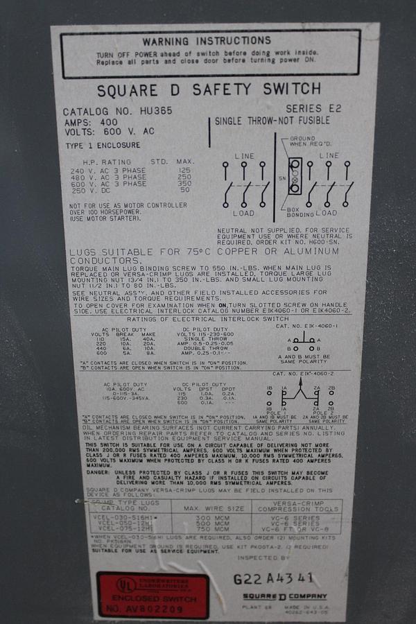 Used SQUARE D HEAVY DUTY DISCONNECT SWITCH HU364 200 AMP 600 VAC TYPE 1