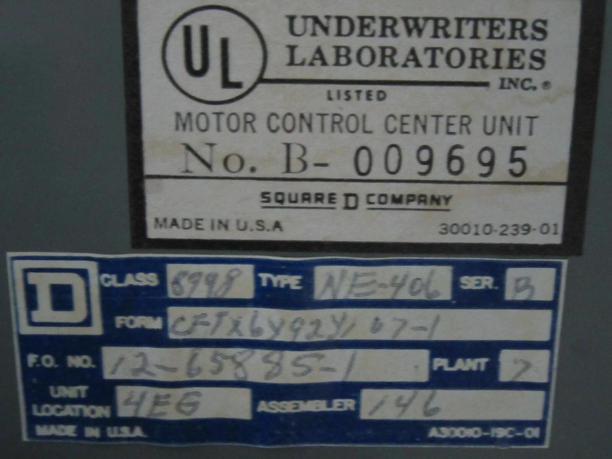 Used SQUARE D MCC FUSIBLE STARTER BUCKET 18" MODEL: 4 NEMA 3 W/8536-SEO1