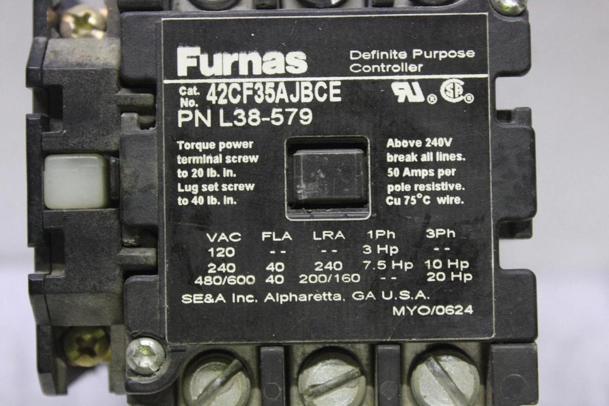 Used FURNAS CONTACTOR 42CF35AJBCE L38-579 600 VAC 40 AMP 20 HP COIL: 24 VOLT