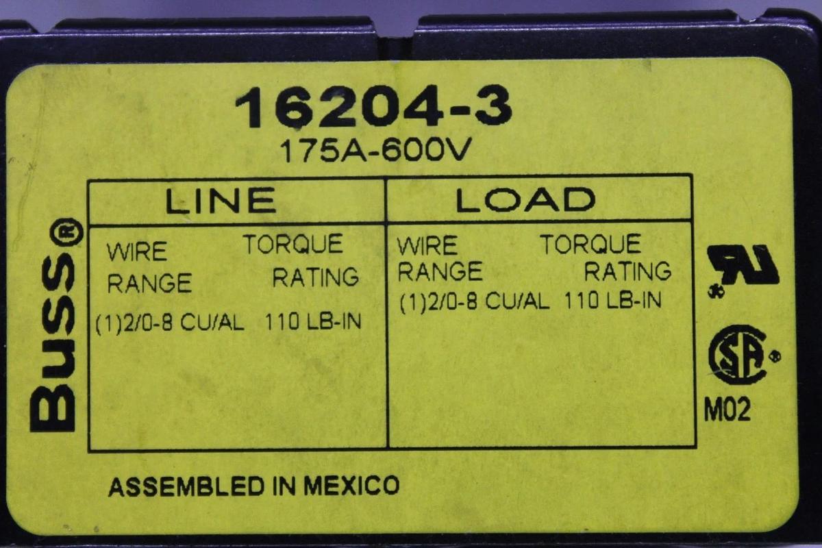 Used BUSS POWER BLOCK TERMINAL LUG END 16204-3 175 AMP 600 VOLT 3-POLE **WARRANTY**