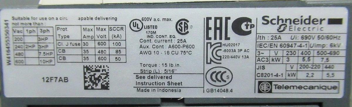 Used SCHNEIDER CONTACTOR LC1D12 600V 10HP 25A 7.5KW COIL: 120V *WARRANTY*