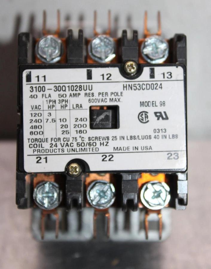 Used PRODUCTS UNLIMITED CONTACTOR 3100-30Q1028UU 40 AMP 600 VAC HN53CD024