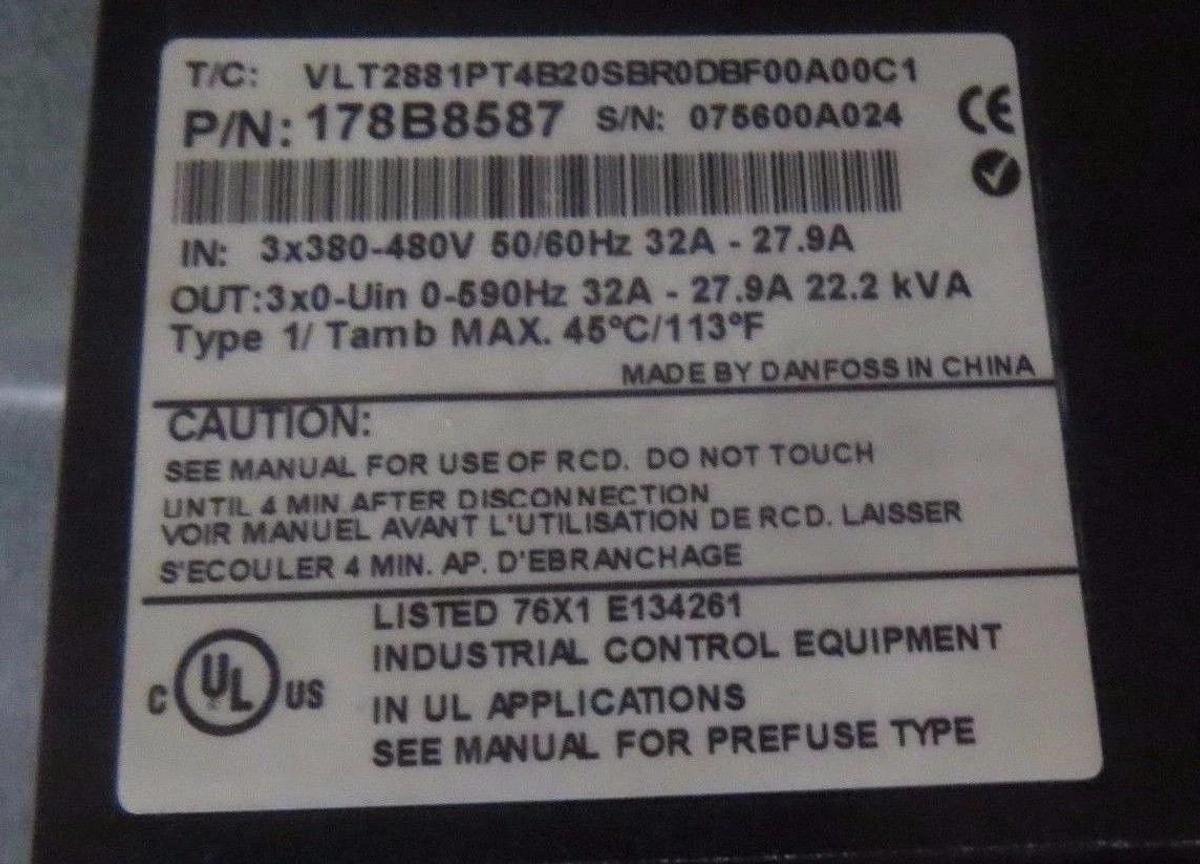 Used DANFOSS VARIABLE SPEED DRIVE VLT 2800 480V 27.9-32 AMP 20 HP178B8587