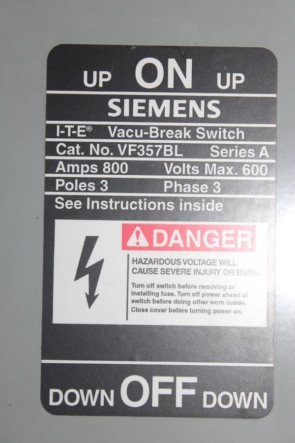Used SIEMENS VACU-BREAK PANELBOARD DISCONNECT SWITCH VF357BL 800 AMP 600 VAC 3-PHASE