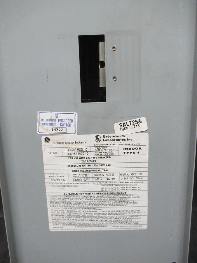 Used GE CIRCUIT BREAKER ENCLOSURE TQD225F ENCL. TYPE 1 W/ TQD32100 100 AMP 240 VAC