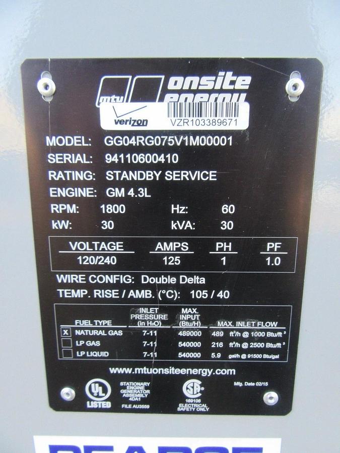 Used 30 KW GENERATOR MTU 4.3 NATURAL GAS LP PROPANE 120/240 VOLT 1 PH 35 KW 40KW 2015