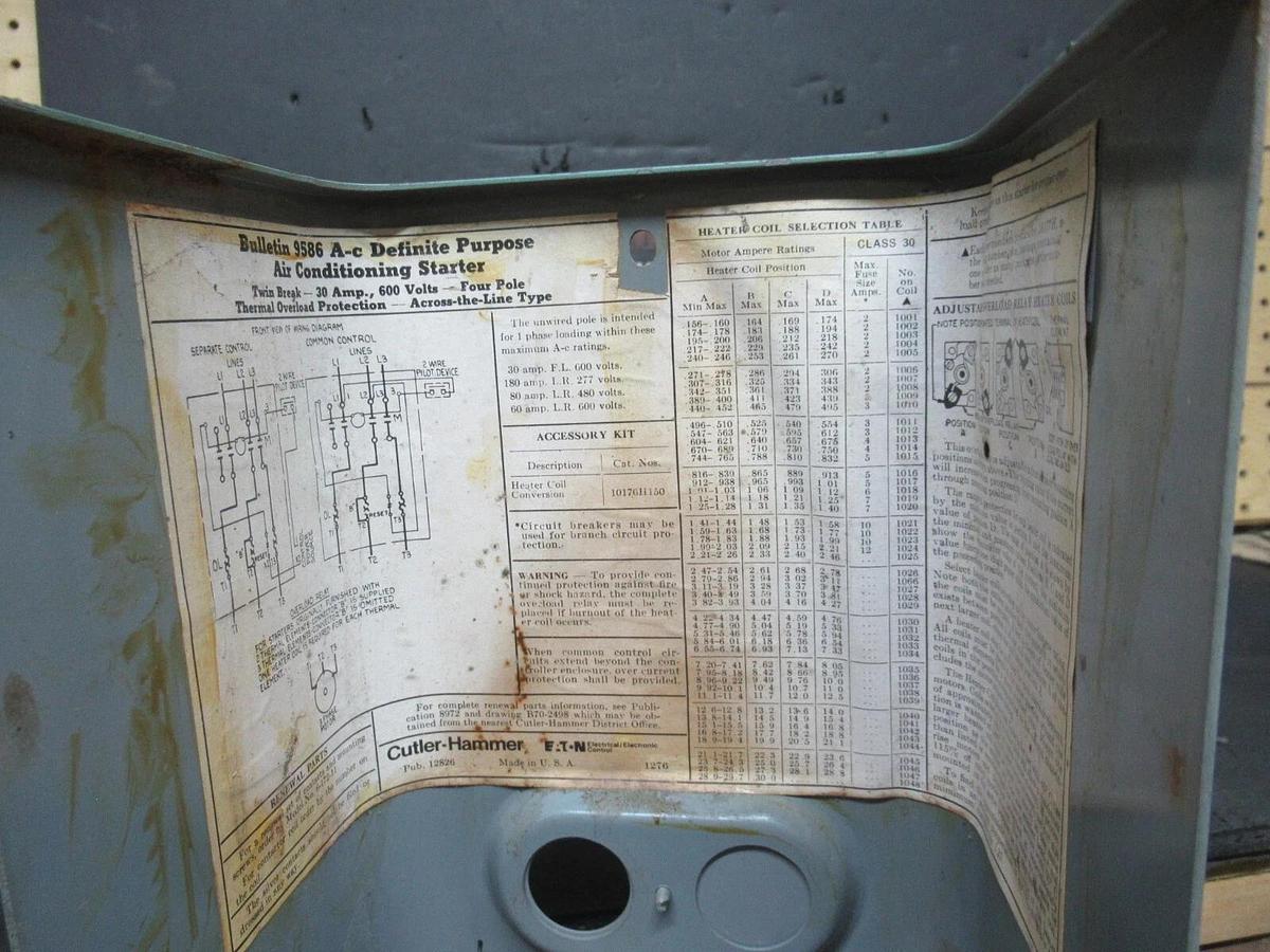 Used ENCLOSED CUTLER HAMMER STARTER FOR AC UNIT 956H7132B HN03AC800 30 AMP 600 VAC