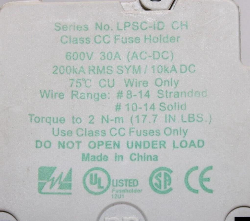 Used LITTELFUSE POWER-SAFE FUSE HOLDER LPSC-ID-CH 3-POLE 600 VOLT 30 AMP CLASS CC