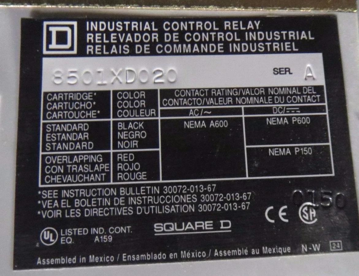 Used (1) SQUARE D 8 POLE CONTROL RELAY WITH 24 VDC COIL 8501XD020 8501-XDO-20